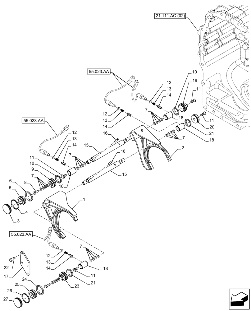 Схема запчастей Case 580SN WT - (21.133.AF) - VAR - 423060, 423061 - TRANSMISSION, SEMI-POWERSHIFT, TRANSMISSION CONTROL, FORK (21) - TRANSMISSION