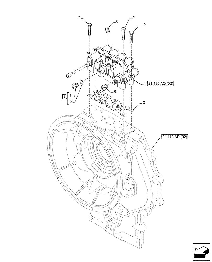 Схема запчастей Case 580SN WT - (21.135.AQ[01]) - VAR - 423062 - TRANSMISSION, POWERSHIFT, CONTROL VALVE, 4WD (21) - TRANSMISSION