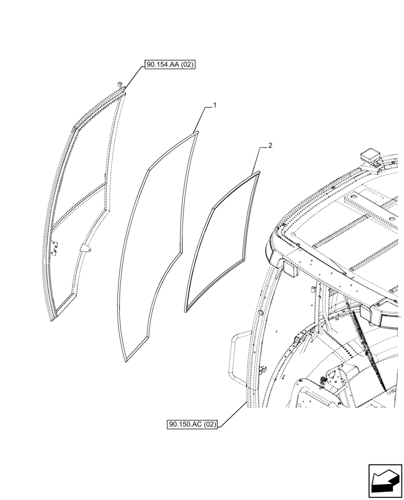 Схема запчастей Case 590SN - (90.154.AH[02]) - VAR - 747853 - CAB, RIGHT DOOR, WEATHERSTRIP (90) - PLATFORM, CAB, BODYWORK AND DECALS