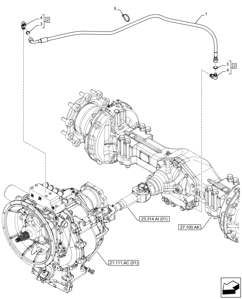 Схема запчастей Case 580SN WT - (27.106.AN[03]) - VAR - 423060, 423061 - TRANSMISSION, SEMI-POWERSHIFT, DIFFERENTIAL LOCK, OIL, SUCTION PIPE (27) - REAR AXLE SYSTEM