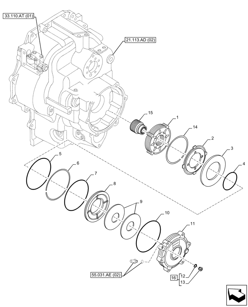 Схема запчастей Case 580SN - (33.110.AV[02]) - VAR - 423062 - TRANSMISSION, POWERSHIFT, PARKING BRAKE, DISC (33) - BRAKES & CONTROLS