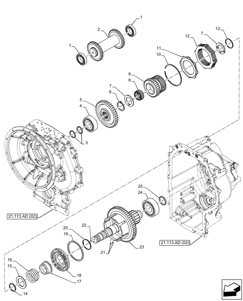 Схема запчастей Case 580SN WT - (21.155.AN[03]) - VAR - 423062 - TRANSMISSION, POWERSHIFT, INPUT SHAFT, 4WD (21) - TRANSMISSION