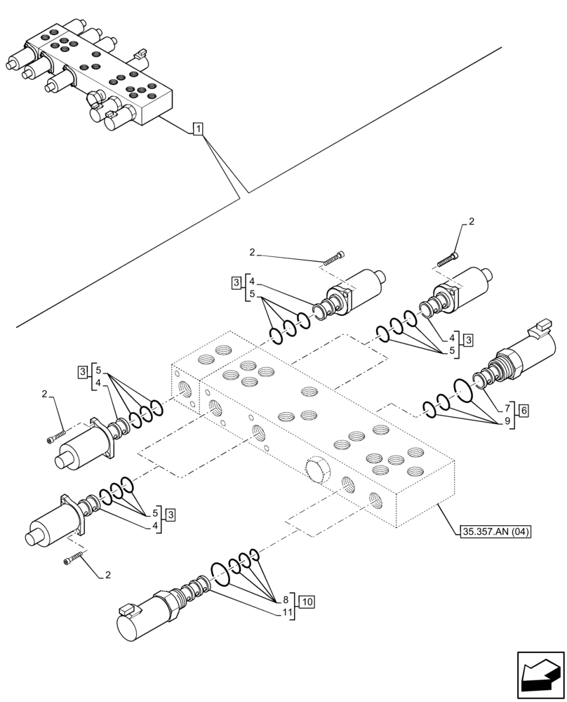 Схема запчастей Case 580N EP - (35.357.AG[02]) - 7-SPOOL, PRESSURE CONTROL VALVE, W/ PILOT CONTROLS, SOLENOID (35) - HYDRAULIC SYSTEMS