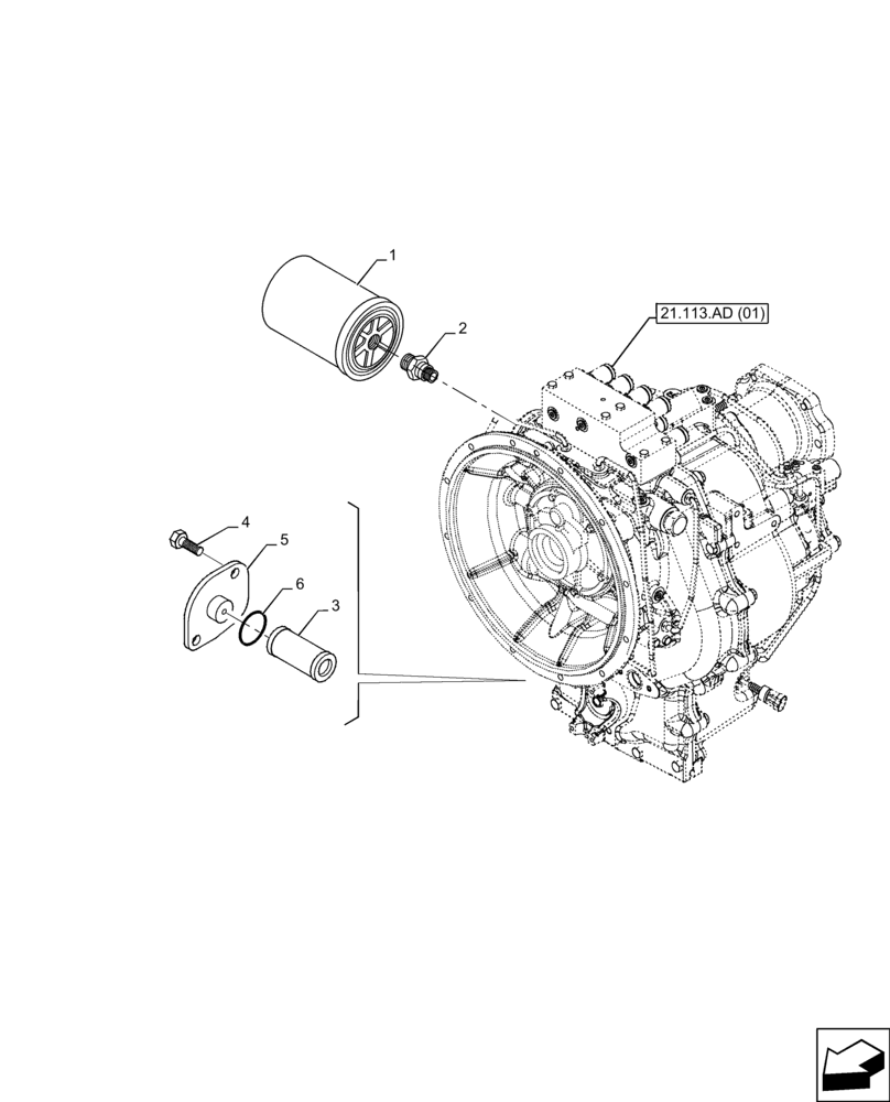 Схема запчастей Case 580SN WT - (21.105.BC) - VAR - 423062 - TRANSMISSION, POWERSHIFT, OIL FILTER, 4WD (21) - TRANSMISSION