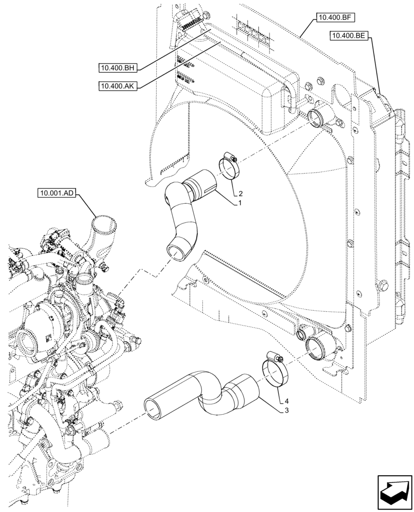 Схема запчастей Case 580SN - (10.400.AY[03]) - VAR - 423000, 442082, 747853, 747854, 747855 - RADIATOR & HOSE (10) - ENGINE