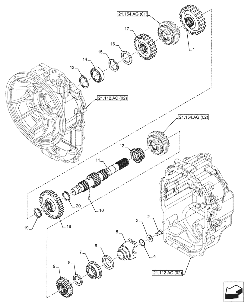 Схема запчастей Case 580SN WT - (21.154.AJ[05]) - VAR - 423059 - TRANSMISSION, POWERSHUTTLE, DRIVE SHAFT, DRIVEN SHAFT, 4WD (21) - TRANSMISSION