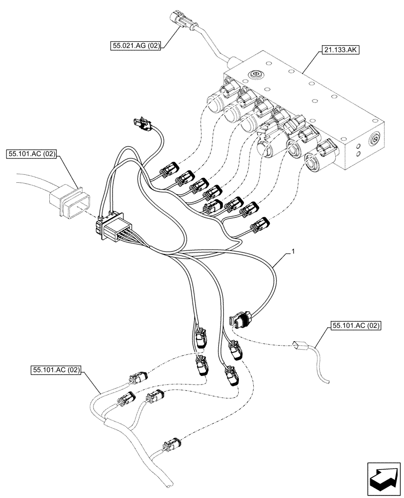 Схема запчастей Case 590SN - (55.024.AA) - VAR - 423060 - 423061 - TRANSMISSION, SEMI-POWERSHIFT, CONTROL VALVE, WIRE HARNESS (55) - ELECTRICAL SYSTEMS