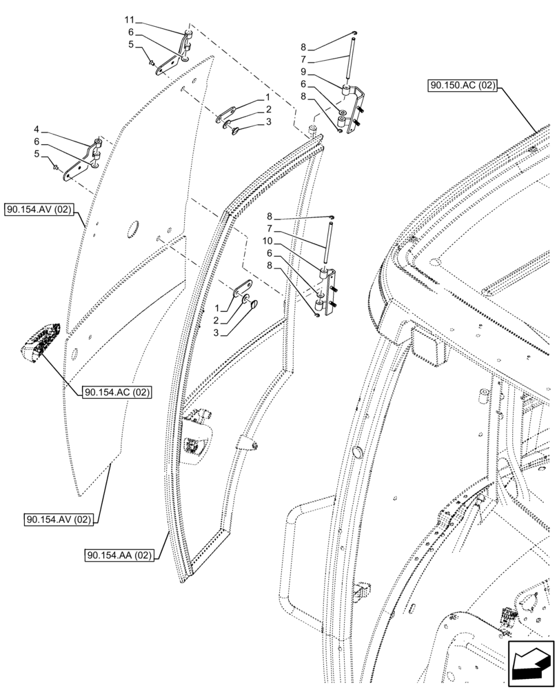Схема запчастей Case 580N EP - (90.154.AE[02]) - VAR - 747853 - CAB, RIGHT DOOR, HINGE (90) - PLATFORM, CAB, BODYWORK AND DECALS