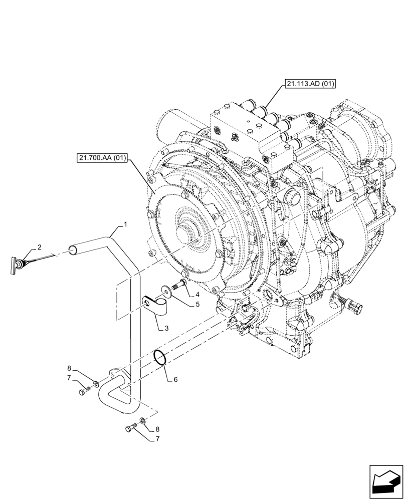 Схема запчастей Case 580SN WT - (21.133.AF) - VAR - 423062 - TRANSMISSION, POWERSHIFT, OIL FILL & DIPSTICK (21) - TRANSMISSION