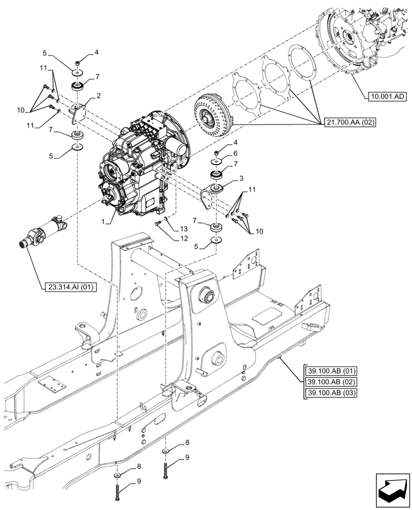 Схема запчастей Case 580SN - (21.113.AD[01]) - VAR - 423062 - TRANSMISSION, POWERSHIFT, 4WD (21) - TRANSMISSION