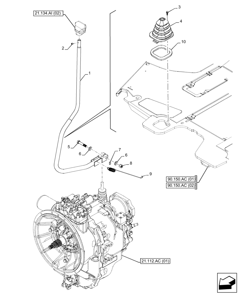 Схема запчастей Case 580N EP - (21.134.AI[01]) - VAR - 423059 - TRANSMISSION, POWERSHUTTLE, CONTROL LEVER, RANGE, 4WD (21) - TRANSMISSION