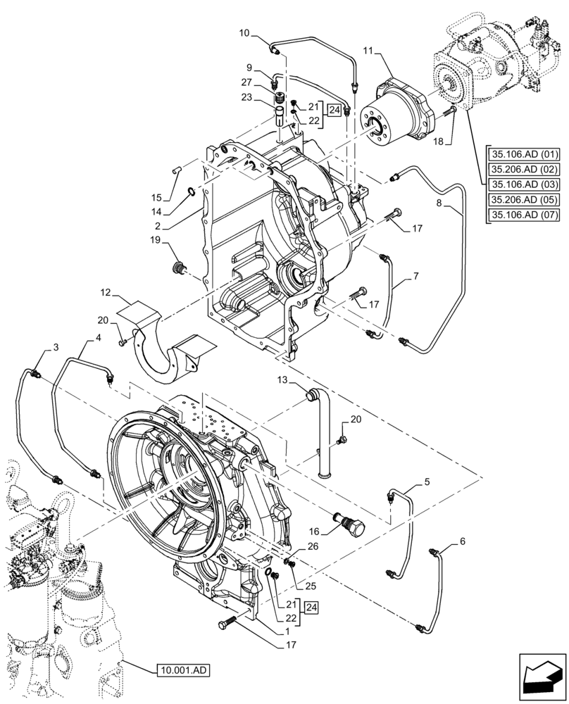 Схема запчастей Case 580SN WT - (21.113.AD[02]) - VAR - 423062 - TRANSMISSION, POWERSHIFT, HOUSING, 4WD (21) - TRANSMISSION