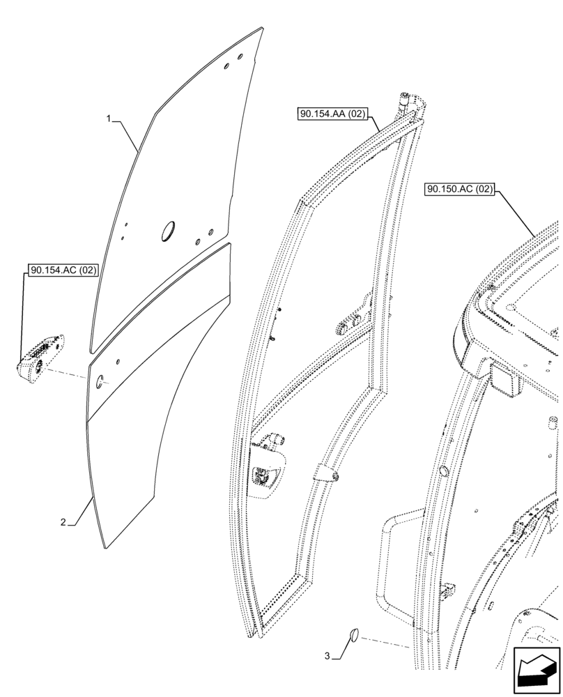 Схема запчастей Case 590SN - (90.154.AV[02]) - VAR - 747853 - CAB, RIGHT DOOR, GLASS (90) - PLATFORM, CAB, BODYWORK AND DECALS