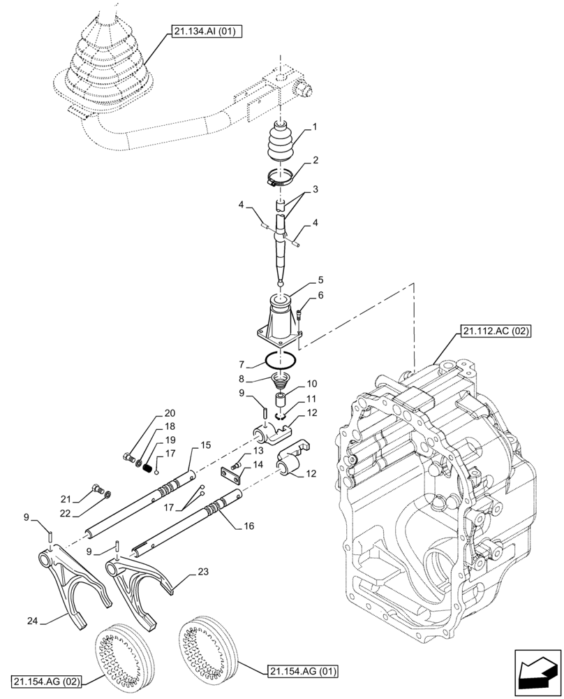 Схема запчастей Case 580SN - (21.134.AH) - VAR - 423059 - TRANSMISSION, POWERSHUTTLE, CONTROL LEVER, 4WD (21) - TRANSMISSION