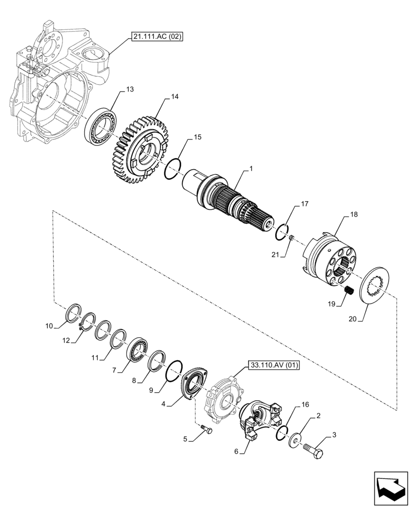 Схема запчастей Case 590SN - (21.152.AK[05]) - VAR - 423061 - TRANSMISSION, SEMI-POWERSHIFT, DRIVE SHAFT, DRIVEN SHAFT, 4WD (21) - TRANSMISSION