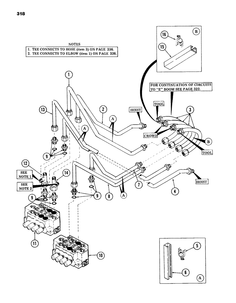 Схема запчастей Case 980B - (318) - CROWD, HOIST AND TOOL TUBING, (MAIN VALVES TO BOOM), (USED ON UNITS WITH PIN 6204051 AND AFTER) (07) - HYDRAULIC SYSTEM