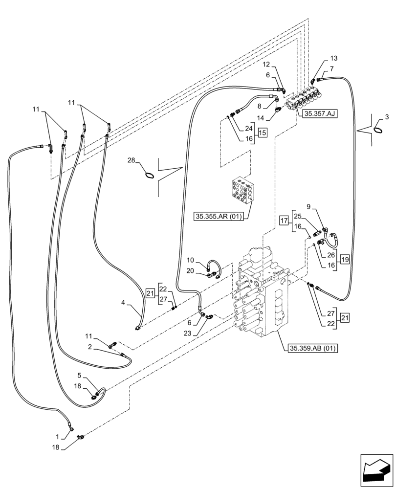 Схема запчастей Case CX350D LC - (35.357.AO[01]) - STD + VAR - 461558 - MAIN, SOLENOID VALVE, PRESSURE PIPE, CONTROL PATTERN SELECTION (35) - HYDRAULIC SYSTEMS