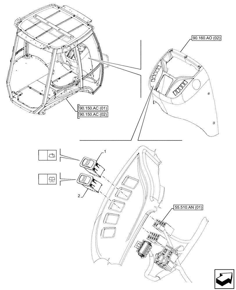 Схема запчастей Case 580SN WT - (55.518.AY[04]) - VAR - 747853, 747854, 747855 - CAB, WINDSHIELD WASHER , SWITCH (55) - ELECTRICAL SYSTEMS