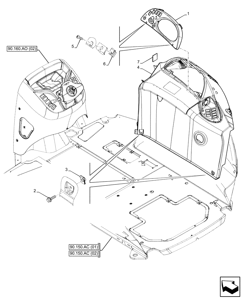 Схема запчастей Case 580N EP - (90.151.AN[02]) - VAR - 747853, 747854, 747855 - CAB, RIGHT SIDE CONSOLE, INSTRUMENT PANEL (90) - PLATFORM, CAB, BODYWORK AND DECALS