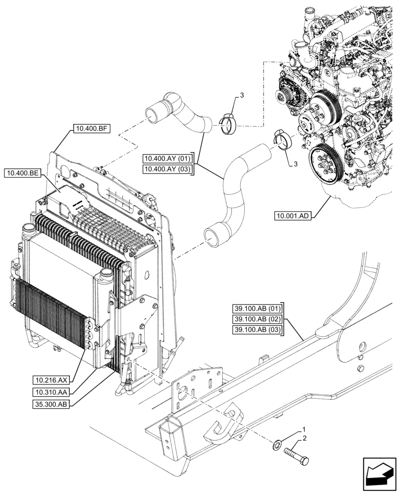 Схема запчастей Case 580SN - (10.400.AY[02]) - VAR - 423000, 442082, 747853, 747854, 747855 - RADIATOR & HOSE, CLAMP (10) - ENGINE