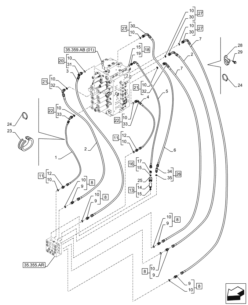 Схема запчастей Case CX210D NLC - (35.355.AC[02]) - JOYSTICK, HYDRAULIC LINE, CONTROL VALVE (35) - HYDRAULIC SYSTEMS