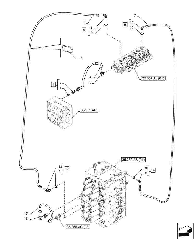 Схема запчастей Case CX210D NLC - (35.357.AO[01]) - MAIN, SOLENOID VALVE, PRESSURE PIPE (35) - HYDRAULIC SYSTEMS