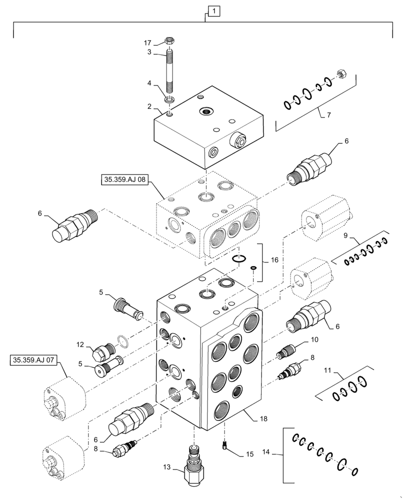 Схема запчастей Case 621F - (35.359.AJ[06]) - VALVE ASSEMBLY, LOADER CONTROL, 3 SPOOL, XT (35) - HYDRAULIC SYSTEMS