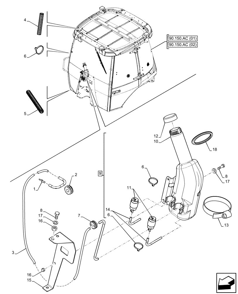 Схема запчастей Case 590SN - (55.518.AP[01]) - VAR - 747853, 747854, 747855 - CAB, WINDSHIELD WASH RESERVOIR (55) - ELECTRICAL SYSTEMS