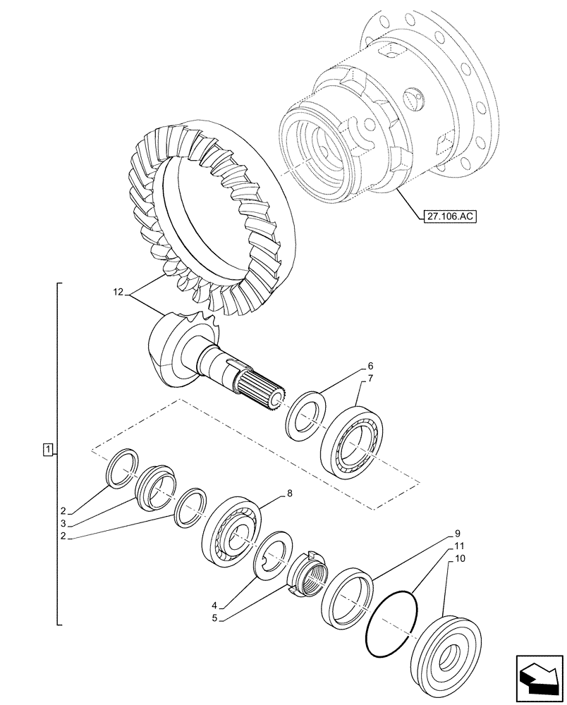 Схема запчастей Case 580SN WT - (27.106.AA) - REAR AXLE, BEVEL GEAR (27) - REAR AXLE SYSTEM