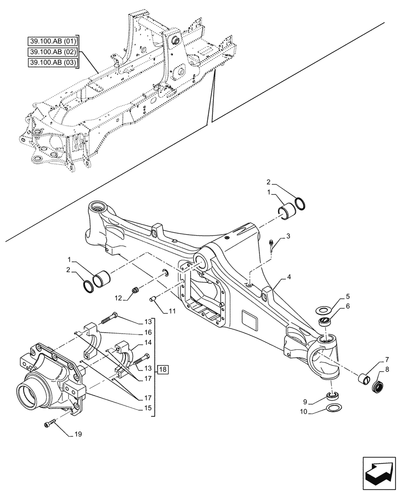 Схема запчастей Case 580SN - (25.100.AD) - FRONT AXLE, HOUSING, 4WD (25) - FRONT AXLE SYSTEM