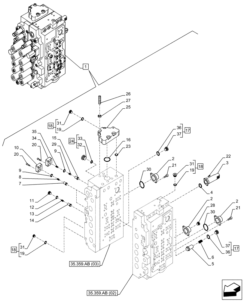 Схема запчастей Case CX350D LC - (35.359.AB[04]) - CONTROL VALVE, COMPONENTS (35) - HYDRAULIC SYSTEMS