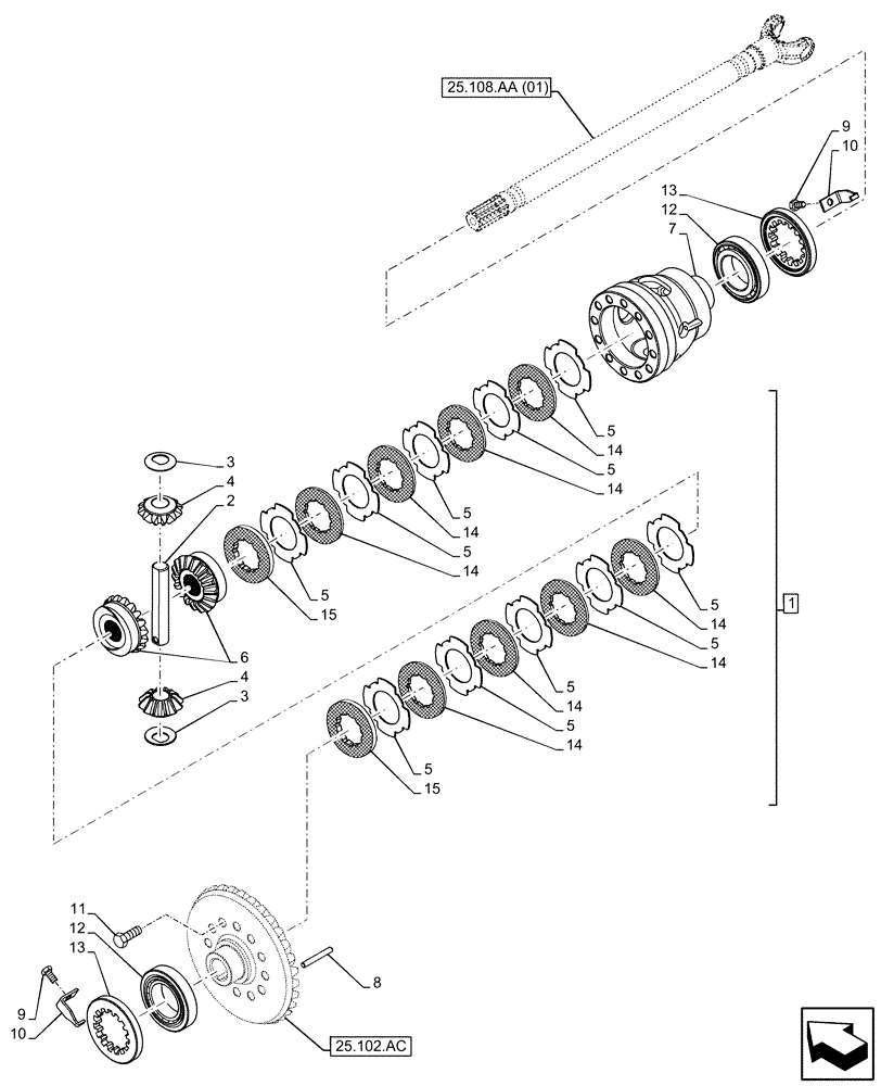 Схема запчастей Case 580SN WT - (25.102.AD) - FRONT AXLE, DIFFERENTIAL GEAR, 4WD (25) - FRONT AXLE SYSTEM