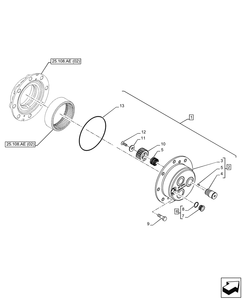 Схема запчастей Case 580SN - (25.310.AB) - FRONT AXLE, PLANETARY REDUCER, CARRIER, 4WD (25) - FRONT AXLE SYSTEM