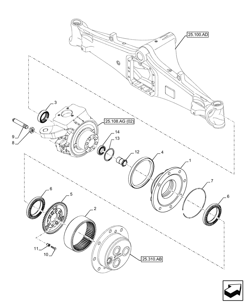 Схема запчастей Case 580SN - (25.108.AE[02]) - FRONT AXLE, STEERING KNUCKLE, 4WD (25) - FRONT AXLE SYSTEM