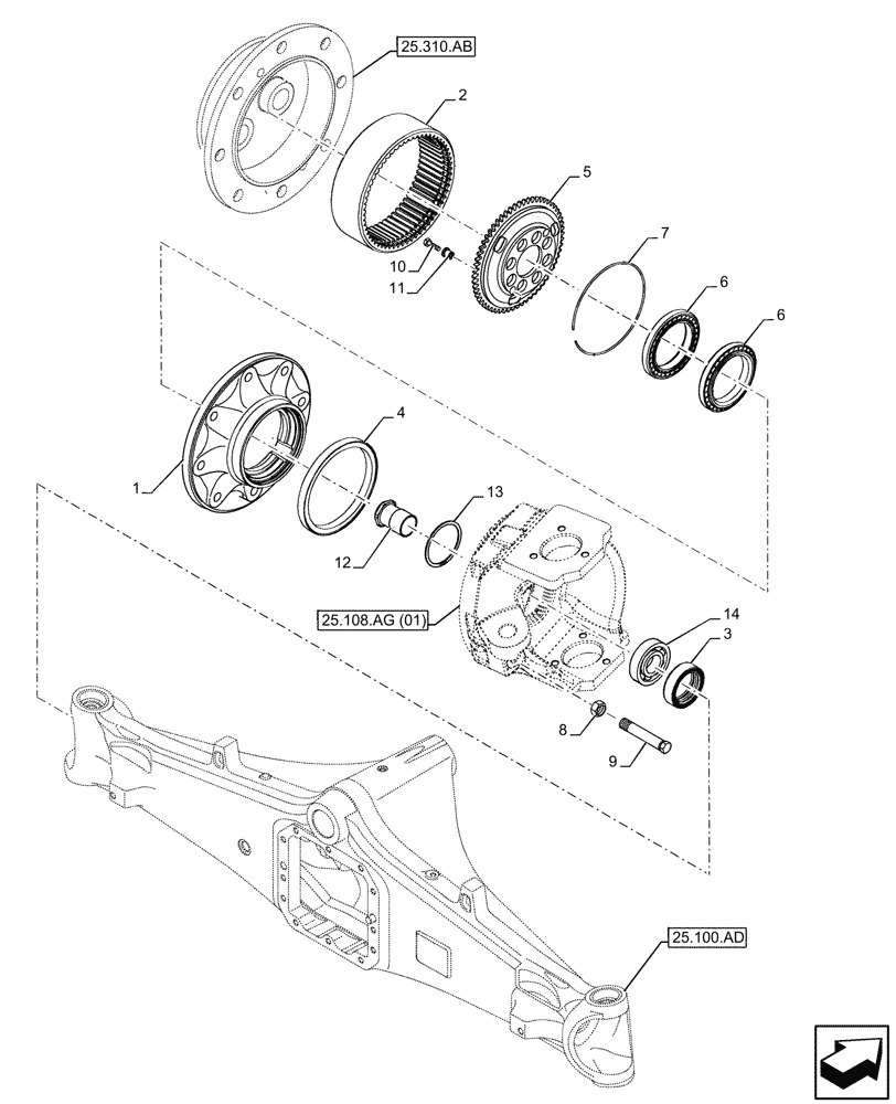 Схема запчастей Case 590SN - (25.108.AE[01]) - FRONT AXLE, STEERING KNUCKLE, 4WD (25) - FRONT AXLE SYSTEM