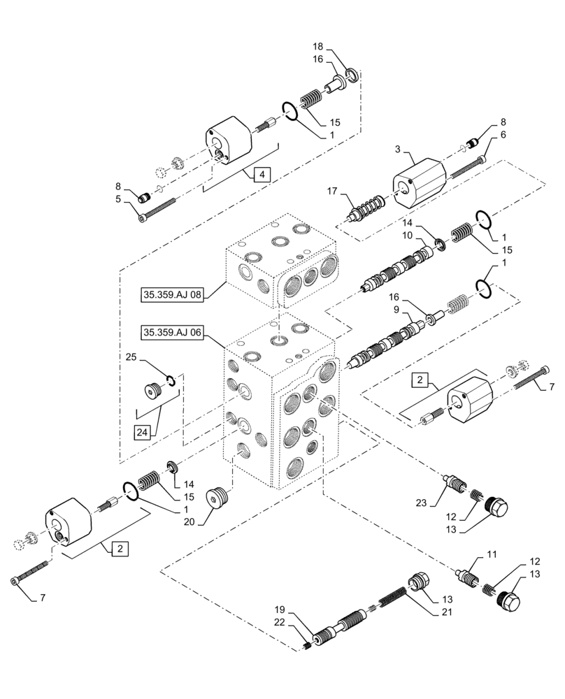 Схема запчастей Case 621F - (35.359.AJ[07]) - VALVE ASSEMBLY, PISTON AXIS, 3 SPOOL XT/TC (35) - HYDRAULIC SYSTEMS