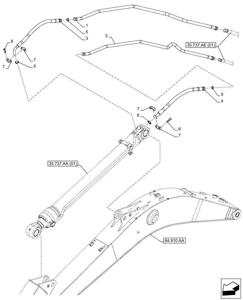 Схема запчастей Case CX210D LC - (35.737.AE[02]) - VAR - 461501, 461502, 481268 - ARM, CYLINDER, LINES (35) - HYDRAULIC SYSTEMS