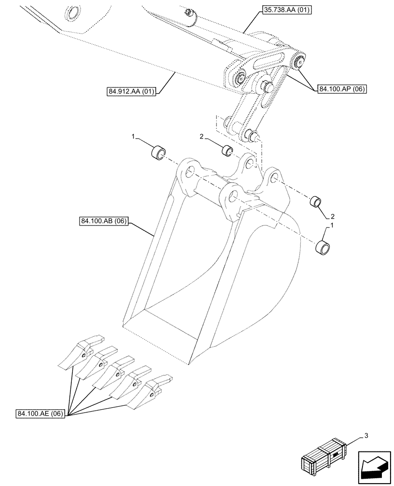 Схема запчастей Case 580SN WT - (84.100.AM[06]) - VAR - 423072 - BUCKET, HIGH CAPACITY 24INCH/610MM, BUSHING (84) - BOOMS, DIPPERS & BUCKETS