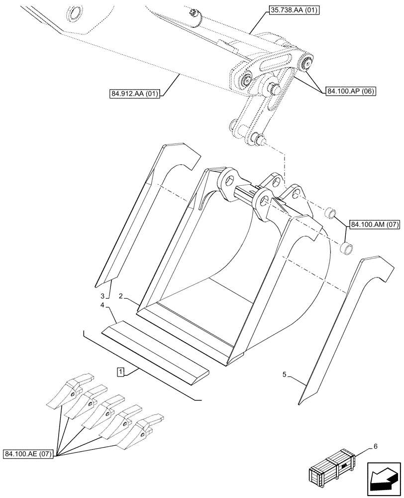 Схема запчастей Case 580SN - (84.100.AB[07]) - VAR - 423065 - BUCKET, HIGH CAPACITY 30INCH/762MM (84) - BOOMS, DIPPERS & BUCKETS