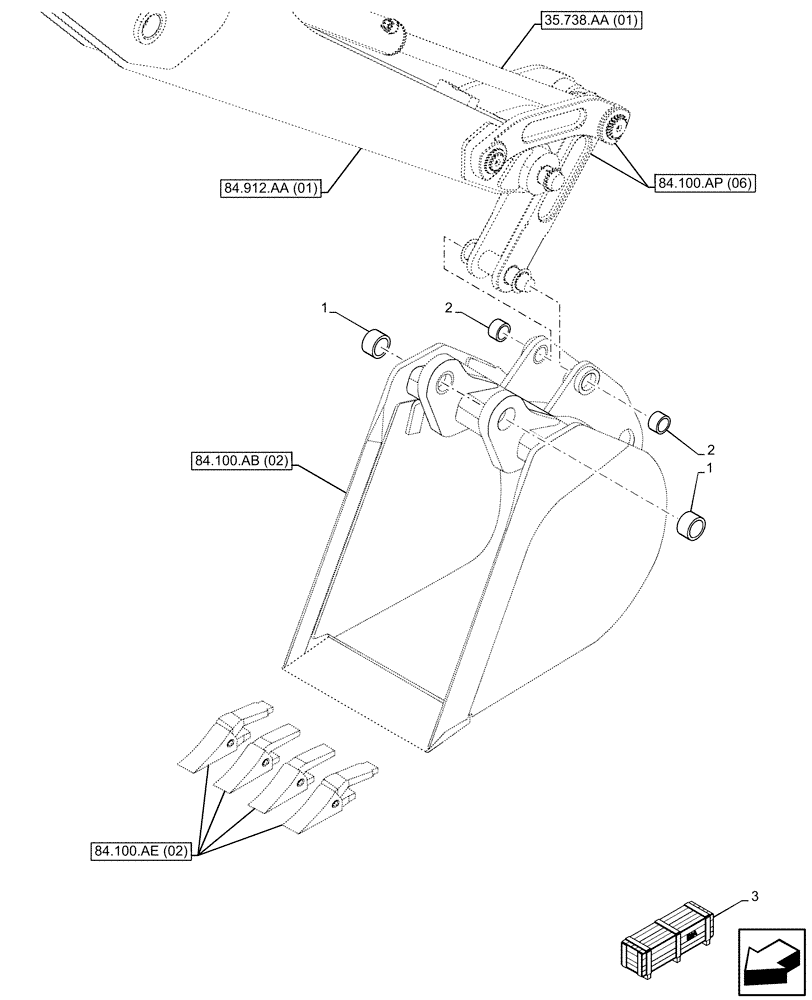 Схема запчастей Case 580SN - (84.100.AM[02]) - VAR - 423068 - BUCKET, UNIVERSAL 18INCH/457MM, BUSHING (84) - BOOMS, DIPPERS & BUCKETS