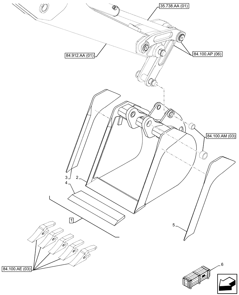 Схема запчастей Case 580SN - (84.100.AB[03]) - VAR - 423069 - BUCKET, UNIVERSAL 24INCH/610MM (84) - BOOMS, DIPPERS & BUCKETS