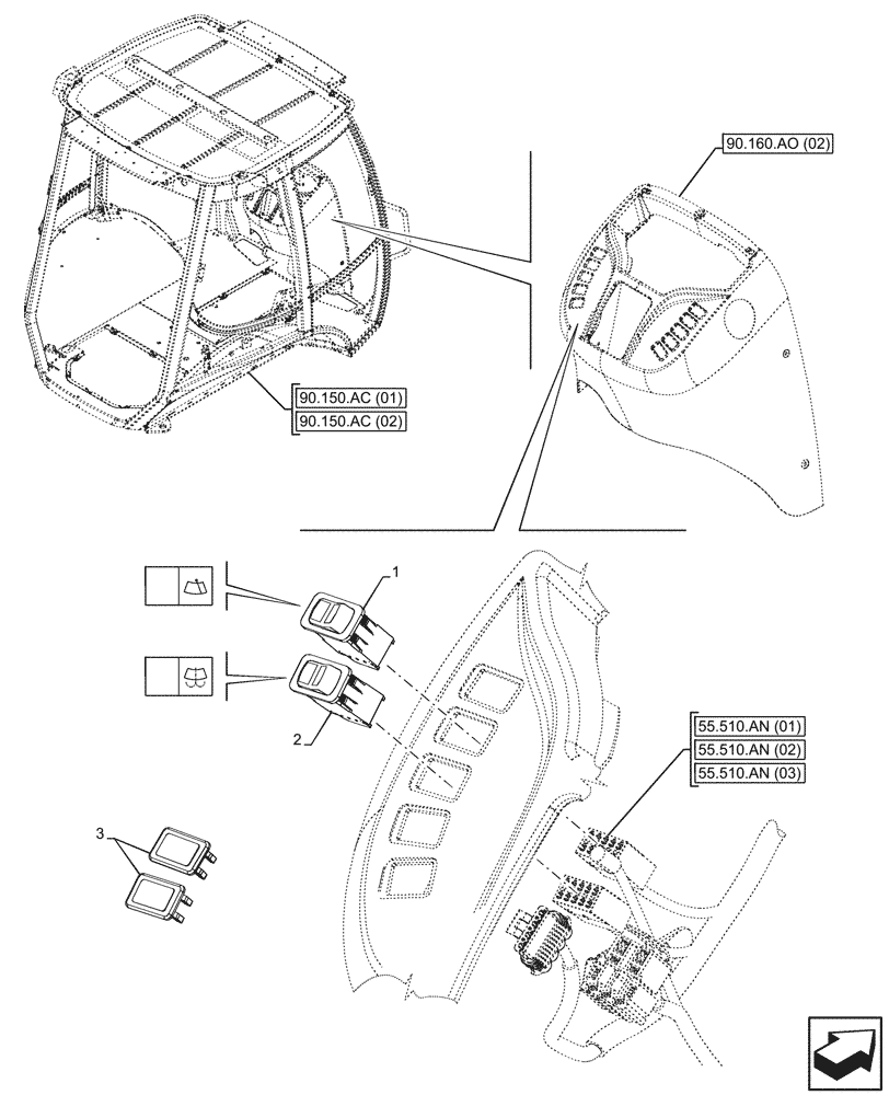 Схема запчастей Case 580SN - (55.518.AY[04]) - VAR - 747853, 747854, 747855 - CAB, WINDSHIELD, FRONT, SWITCH (55) - ELECTRICAL SYSTEMS