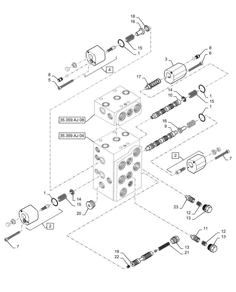 Схема запчастей Case 621F - (35.359.AJ[05]) - VALVE ASSEMBLY, PISTON AXIS, 3 SPOOL Z-BAR AND XR/LR (35) - HYDRAULIC SYSTEMS