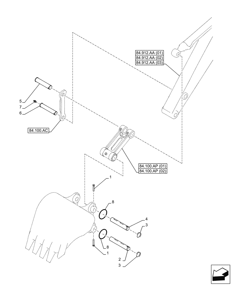 Схема запчастей Case CX210D LC - (84.100.AQ[02]) - VAR - 461023, 488046, 481064, 461585 - BUCKET, PIN, LINK (84) - BOOMS, DIPPERS & BUCKETS