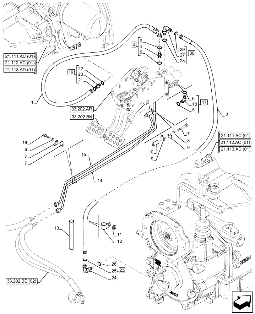 Схема запчастей Case 590SN - (33.202.BE[01]) - BRAKE, LINES, TRANSMISSION (33) - BRAKES & CONTROLS