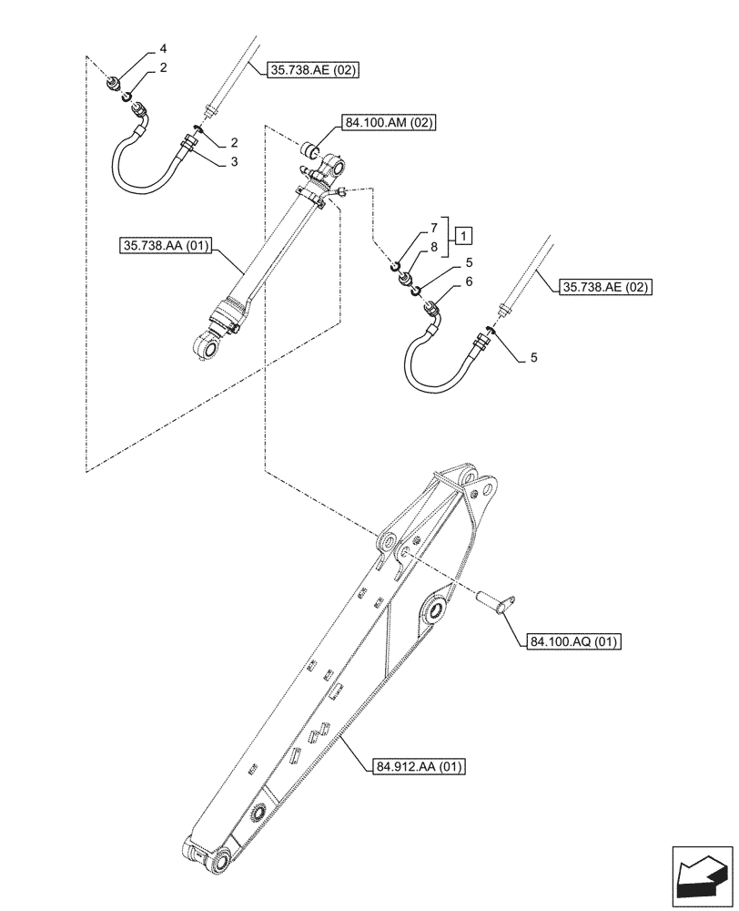 Схема запчастей Case CX210D NLC - (35.738.AE[03]) - VAR - 461501 - BUCKET CYLINDER, LINES (ARM L=2.4M) (35) - HYDRAULIC SYSTEMS