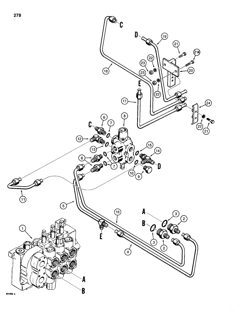 Схема запчастей Case 1150D - (278) - DOZER TILT AND PITCH HYD CIRCUIT, ANGLE TILT PITCH DOZER MODEL CONTROL VALVE THRU SELECTOR VALVE (08) - HYDRAULICS