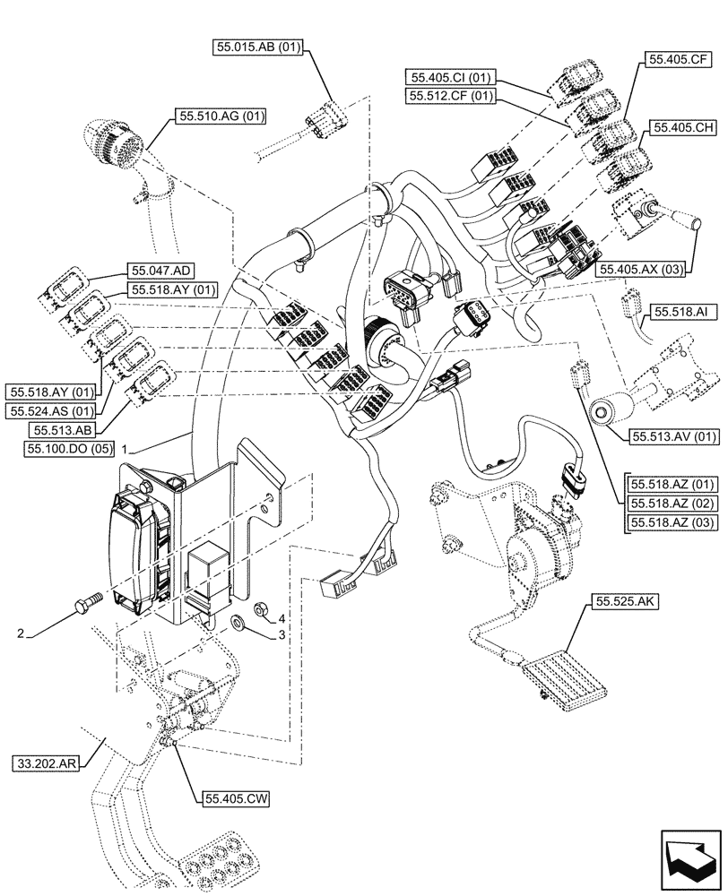 Схема запчастей Case 580SN - (55.510.AN[04]) - VAR - 423060, 423061, 423062 - SEMI-POWERSHIFT, POWERSHIFT TRANSMISSION, FRONT CONSOLE, HARNESS (55) - ELECTRICAL SYSTEMS