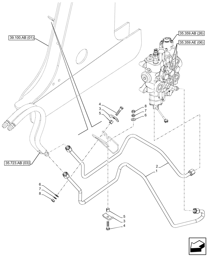 Схема запчастей Case 580N EP - (35.723.AB[05]) - VAR - 747776, 747864 - LOADER BUCKET CYLINDER LINES (35) - HYDRAULIC SYSTEMS