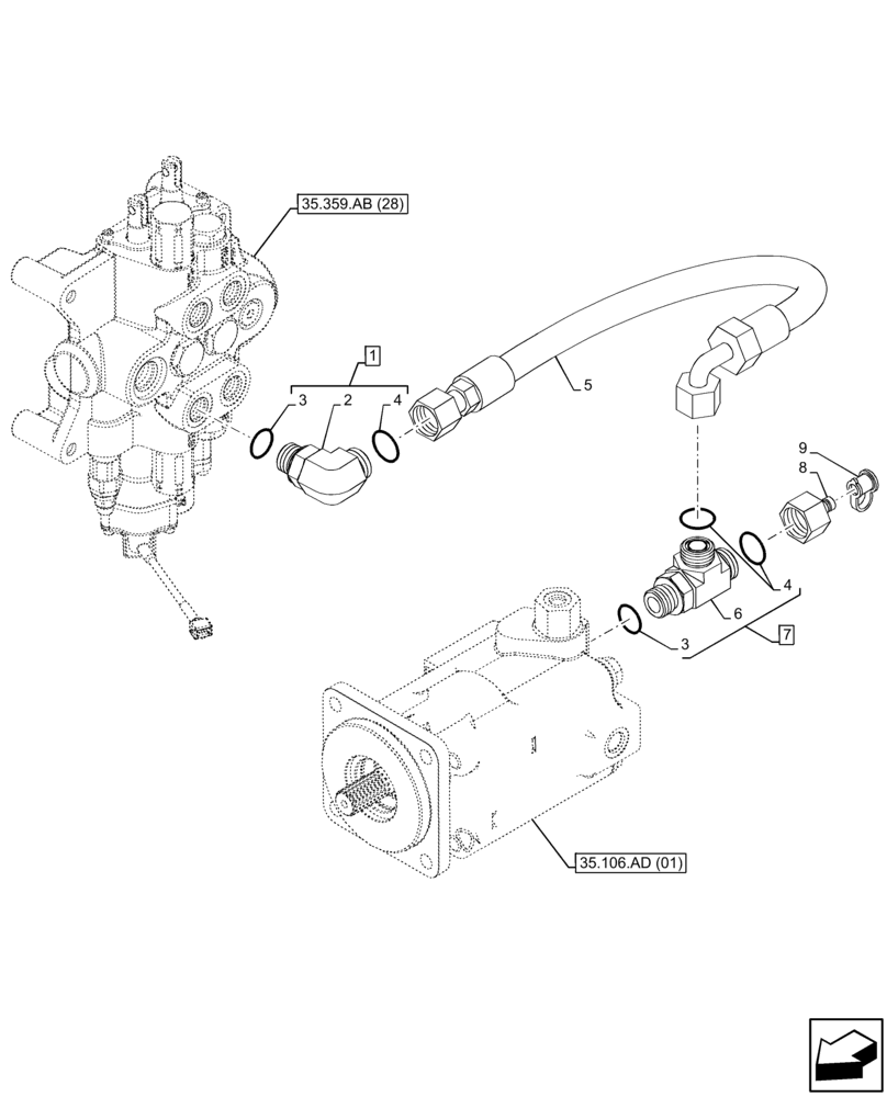 Схема запчастей Case 580N EP - (35.106.AO[04]) - LOADER, CONTROL VALVE LINE, HYDRAULIC PUMP (35) - HYDRAULIC SYSTEMS